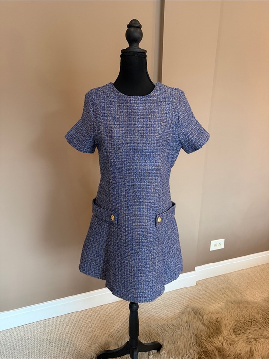 MELLODAY Dresses & Skirts - MELLODAY Blue Tweed Short-Sleeve Fit-and-Flare Dress
